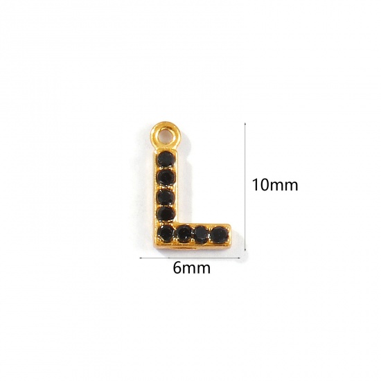 Picture of 2 PCs Vacuum Plating 304 Stainless Steel Capital Alphabet Initial Letter Name Charms Gold Plated Message " L " Black Rhinestone 10mm x 6mm