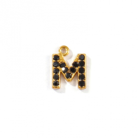 Picture of 2 PCs Vacuum Plating 304 Stainless Steel Capital Alphabet Initial Letter Name Charms Gold Plated Message " M " Black Rhinestone 9.5mm x 7mm
