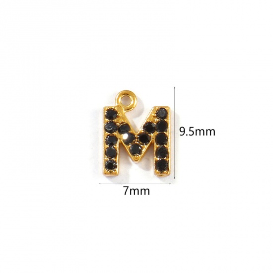 Picture of 2 PCs Vacuum Plating 304 Stainless Steel Capital Alphabet Initial Letter Name Charms Gold Plated Message " M " Black Rhinestone 9.5mm x 7mm