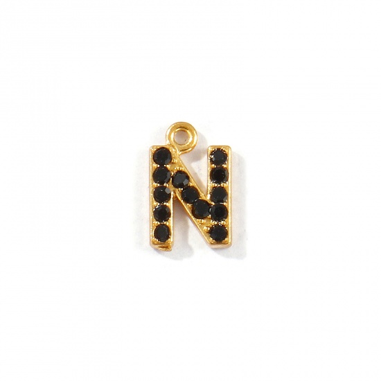 Picture of 2 PCs Vacuum Plating 304 Stainless Steel Capital Alphabet Initial Letter Name Charms Gold Plated Message " N " Black Rhinestone 9.5mm x 6mm