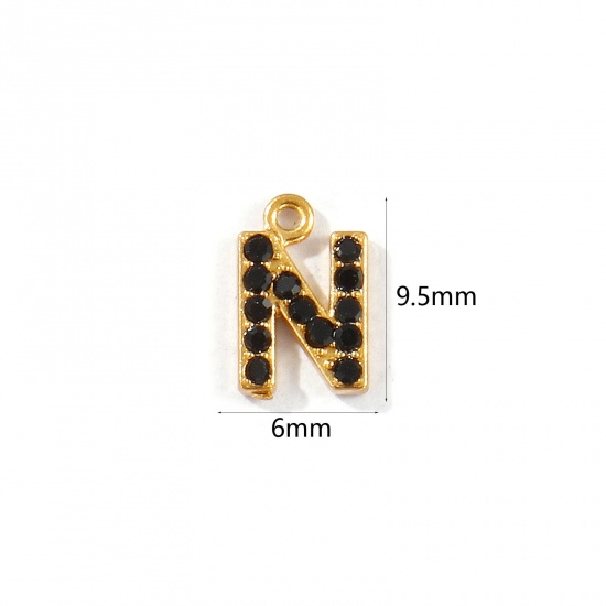 Picture of 2 PCs Vacuum Plating 304 Stainless Steel Capital Alphabet Initial Letter Name Charms Gold Plated Message " N " Black Rhinestone 9.5mm x 6mm