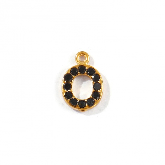 Picture of 2 PCs Vacuum Plating 304 Stainless Steel Capital Alphabet Initial Letter Name Charms Gold Plated Message " O " Black Rhinestone 10mm x 7mm