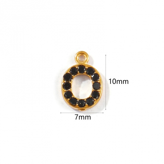 Picture of 2 PCs Vacuum Plating 304 Stainless Steel Capital Alphabet Initial Letter Name Charms Gold Plated Message " O " Black Rhinestone 10mm x 7mm