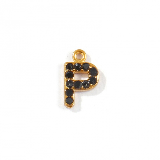 Picture of 2 PCs Vacuum Plating 304 Stainless Steel Capital Alphabet Initial Letter Name Charms Gold Plated Message " P " Black Rhinestone 10mm x 6mm