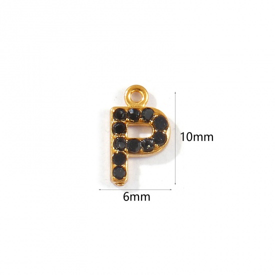 Picture of 2 PCs Vacuum Plating 304 Stainless Steel Capital Alphabet Initial Letter Name Charms Gold Plated Message " P " Black Rhinestone 10mm x 6mm