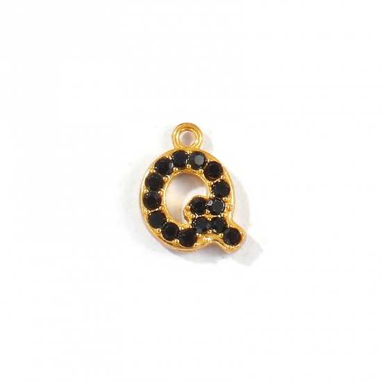 Picture of 2 PCs Vacuum Plating 304 Stainless Steel Capital Alphabet Initial Letter Name Charms Gold Plated Message " Q " Black Rhinestone 10mm x 8mm