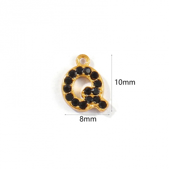 Picture of 2 PCs Vacuum Plating 304 Stainless Steel Capital Alphabet Initial Letter Name Charms Gold Plated Message " Q " Black Rhinestone 10mm x 8mm
