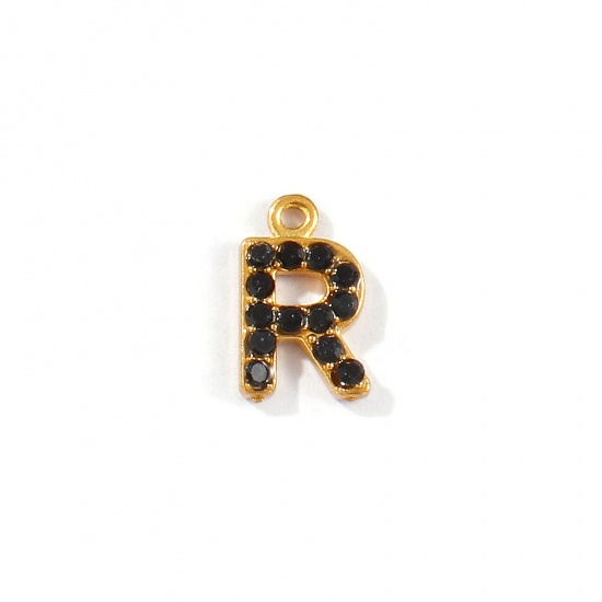 Picture of 2 PCs Vacuum Plating 304 Stainless Steel Capital Alphabet Initial Letter Name Charms Gold Plated Message " R " Black Rhinestone 10mm x 6mm