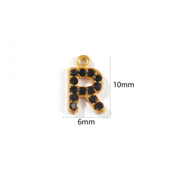 Picture of 2 PCs Vacuum Plating 304 Stainless Steel Capital Alphabet Initial Letter Name Charms Gold Plated Message " R " Black Rhinestone 10mm x 6mm