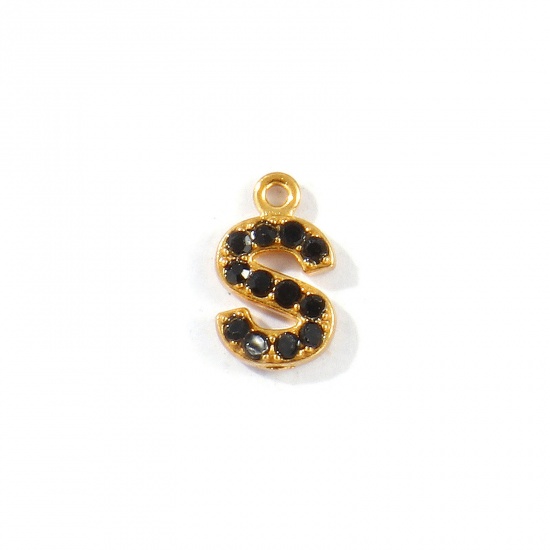 Picture of 2 PCs Vacuum Plating 304 Stainless Steel Capital Alphabet Initial Letter Name Charms Gold Plated Message " S " Black Rhinestone 10mm x 6mm