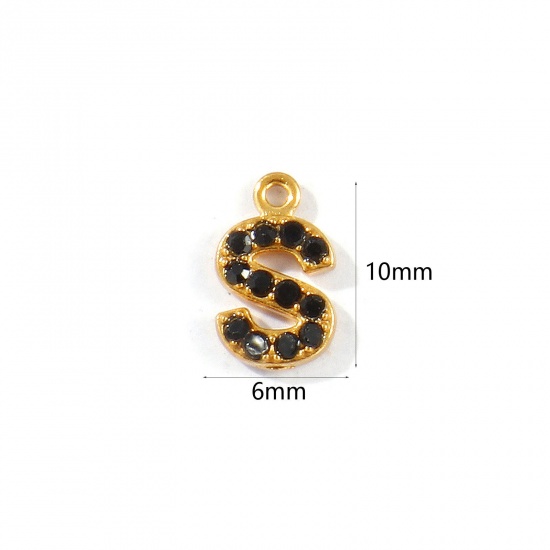 Picture of 2 PCs Vacuum Plating 304 Stainless Steel Capital Alphabet Initial Letter Name Charms Gold Plated Message " S " Black Rhinestone 10mm x 6mm