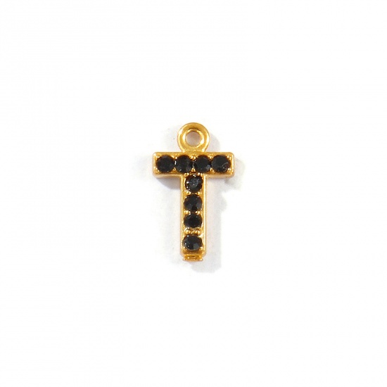 Picture of 2 PCs Vacuum Plating 304 Stainless Steel Capital Alphabet Initial Letter Name Charms Gold Plated Message " T " Black Rhinestone 10mm x 6mm