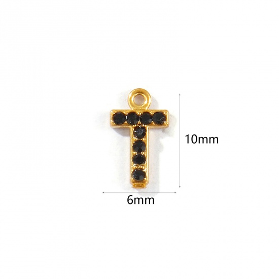 Picture of 2 PCs Vacuum Plating 304 Stainless Steel Capital Alphabet Initial Letter Name Charms Gold Plated Message " T " Black Rhinestone 10mm x 6mm