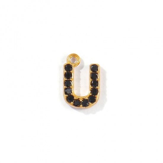 Picture of 2 PCs Vacuum Plating 304 Stainless Steel Capital Alphabet Initial Letter Name Charms Gold Plated Message " U " Black Rhinestone 9.5mm x 6mm