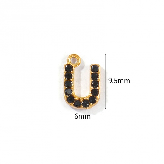Picture of 2 PCs Vacuum Plating 304 Stainless Steel Capital Alphabet Initial Letter Name Charms Gold Plated Message " U " Black Rhinestone 9.5mm x 6mm
