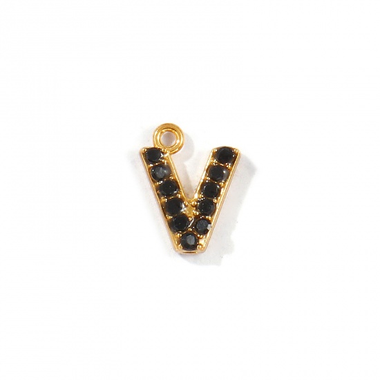Picture of 2 PCs Vacuum Plating 304 Stainless Steel Capital Alphabet Initial Letter Name Charms Gold Plated Message " V " Black Rhinestone 10mm x 7.5mm