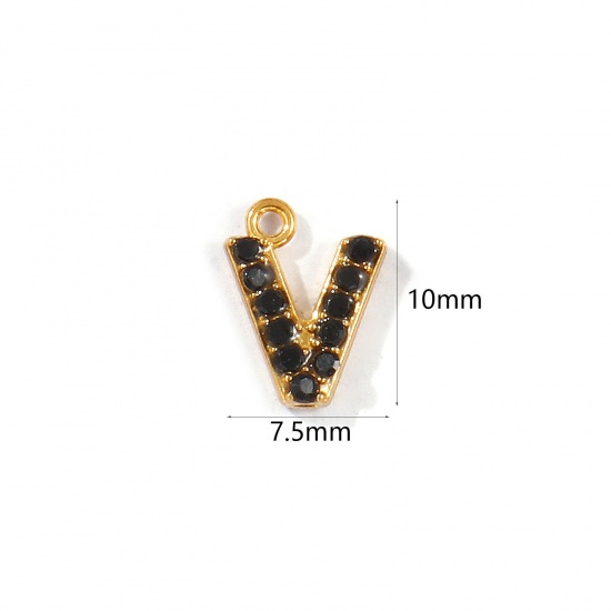 Picture of 2 PCs Vacuum Plating 304 Stainless Steel Capital Alphabet Initial Letter Name Charms Gold Plated Message " V " Black Rhinestone 10mm x 7.5mm