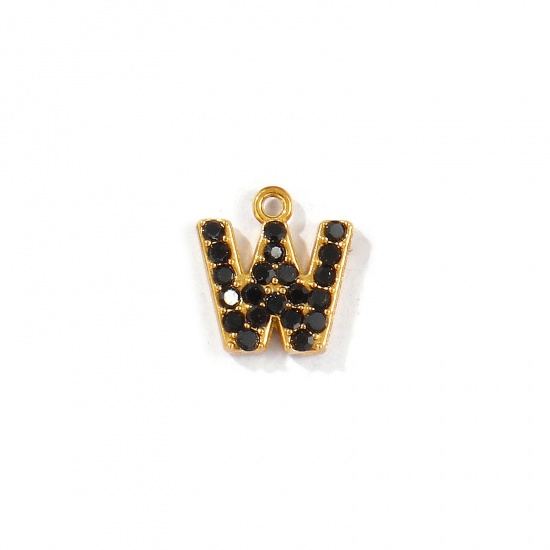 Picture of 2 PCs Vacuum Plating 304 Stainless Steel Capital Alphabet Initial Letter Name Charms Gold Plated Message " W " Black Rhinestone 10mm x 9mm