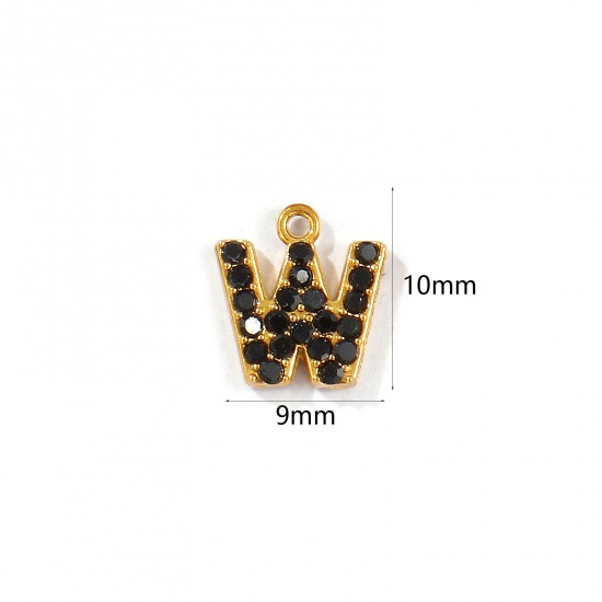 Picture of 2 PCs Vacuum Plating 304 Stainless Steel Capital Alphabet Initial Letter Name Charms Gold Plated Message " W " Black Rhinestone 10mm x 9mm