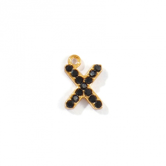 Picture of 2 PCs Vacuum Plating 304 Stainless Steel Capital Alphabet Initial Letter Name Charms Gold Plated Message " X " Black Rhinestone 9.5mm x 6.5mm