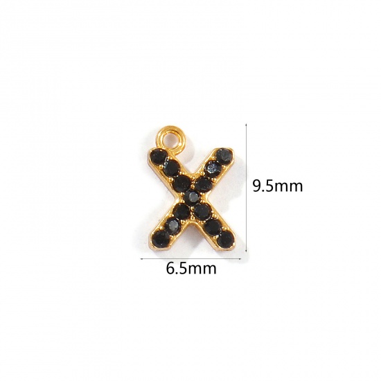Picture of 2 PCs Vacuum Plating 304 Stainless Steel Capital Alphabet Initial Letter Name Charms Gold Plated Message " X " Black Rhinestone 9.5mm x 6.5mm