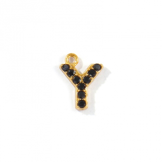 Picture of 2 PCs Vacuum Plating 304 Stainless Steel Capital Alphabet Initial Letter Name Charms Gold Plated Message " Y " Black Rhinestone 10mm x 7.5mm
