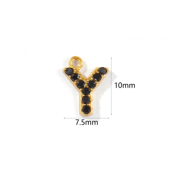 Picture of 2 PCs Vacuum Plating 304 Stainless Steel Capital Alphabet Initial Letter Name Charms Gold Plated Message " Y " Black Rhinestone 10mm x 7.5mm