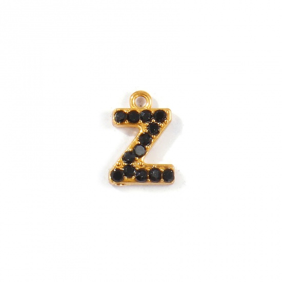 Picture of 2 PCs Vacuum Plating 304 Stainless Steel Capital Alphabet Initial Letter Name Charms Gold Plated Message " Z " Black Rhinestone 10mm x 7mm