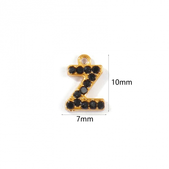 Picture of 2 PCs Vacuum Plating 304 Stainless Steel Capital Alphabet Initial Letter Name Charms Gold Plated Message " Z " Black Rhinestone 10mm x 7mm