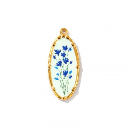 Imagen de 2 Unidades Recubrimiento al Vacío PVD Ecológico Impermeable Antioxidante Hipoalergénico 304 Acero Inoxidable Colgantes 18K Oro Real Chapado Azul Oscuro Óvalo Flor Impreso 3.4cm x 1.4cm