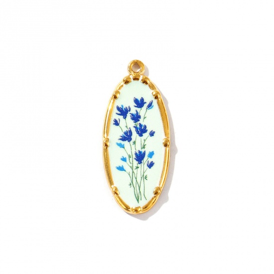 Immagine di 2 Pz Placcatura Sottovuoto PVD Ecologica Impermeabile Anti-Ossidante Ipoallergenico 304 Acciaio Inossidabile Ciondoli Pendenti 18K Vero Oro Placcato Blu Scuro Ovale Fiore Stampato 3.4cm x 1.4cm