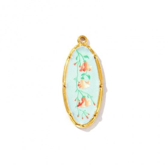 Immagine di 2 Pz Placcatura Sottovuoto PVD Ecologica Impermeabile Anti-Ossidante Ipoallergenico 304 Acciaio Inossidabile Ciondoli Pendenti 18K Vero Oro Placcato Multicolore Ovale Fiore Stampato 3.4cm x 1.4cm