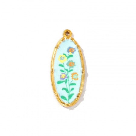 Imagen de 2 Unidades Recubrimiento al Vacío PVD Ecológico Impermeable Antioxidante Hipoalergénico 304 Acero Inoxidable Colgantes 18K Oro Real Chapado Multicolor Óvalo Flor Impreso 3.4cm x 1.4cm