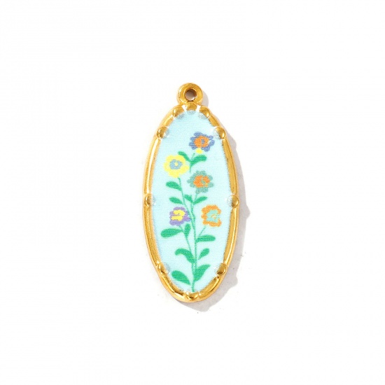 Immagine di 2 Pz Placcatura Sottovuoto PVD Ecologica Impermeabile Anti-Ossidante Ipoallergenico 304 Acciaio Inossidabile Ciondoli Pendenti 18K Vero Oro Placcato Multicolore Ovale Fiore Stampato 3.4cm x 1.4cm