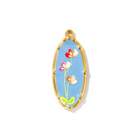 Imagen de 2 Unidades Recubrimiento al Vacío PVD Ecológico Impermeable Antioxidante Hipoalergénico 304 Acero Inoxidable Colgantes 18K Oro Real Chapado Multicolor Óvalo Flor Impreso 3.4cm x 1.4cm