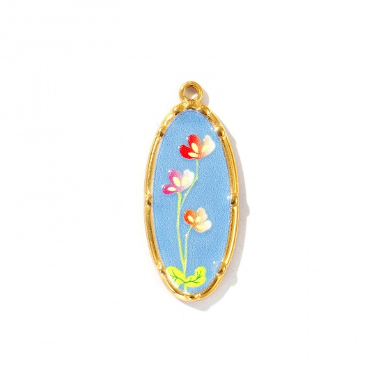 Immagine di 2 Pz Placcatura Sottovuoto PVD Ecologica Impermeabile Anti-Ossidante Ipoallergenico 304 Acciaio Inossidabile Ciondoli Pendenti 18K Vero Oro Placcato Multicolore Ovale Fiore Stampato 3.4cm x 1.4cm