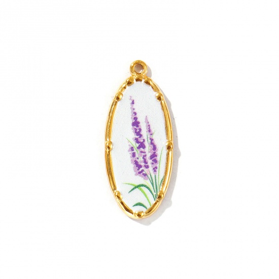 Immagine di 2 Pz Placcatura Sottovuoto PVD Ecologica Impermeabile Anti-Ossidante Ipoallergenico 304 Acciaio Inossidabile Ciondoli Pendenti 18K Vero Oro Placcato Multicolore Ovale Fiore Stampato 3.4cm x 1.4cm