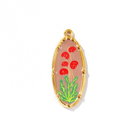 Immagine di 2 Pz Placcatura Sottovuoto PVD Ecologica Impermeabile Anti-Ossidante Ipoallergenico 304 Acciaio Inossidabile Ciondoli Pendenti 18K Vero Oro Placcato Multicolore Ovale Fiore Stampato 3.4cm x 1.4cm