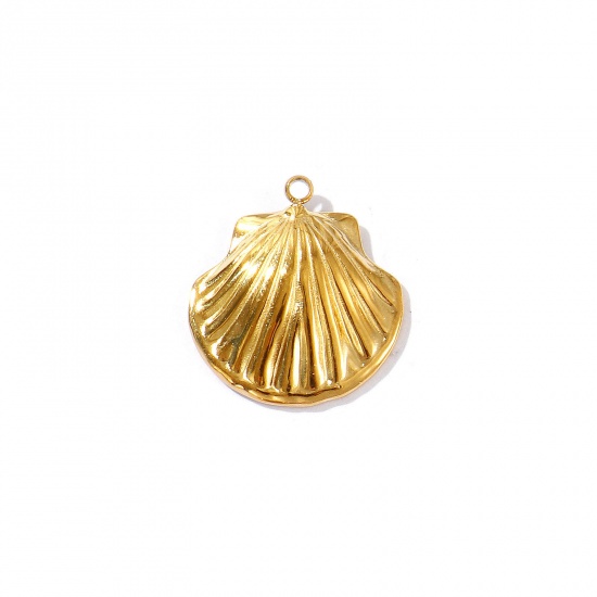 Picture of 2 PCs Eco-friendly PVD Vacuum Plating Waterproof Anti-Tarnish Hypoallergenic 304 Stainless Steel Ocean Jewelry Charms 18K Real Gold Plated Shell 19.5mm x 18mm