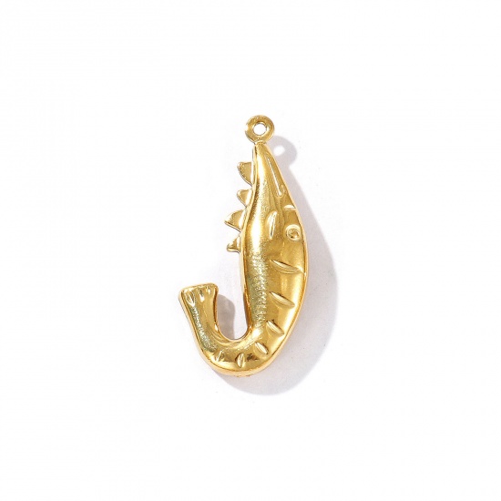 Picture of 2 PCs Eco-friendly PVD Vacuum Plating Waterproof Anti-Tarnish Hypoallergenic 304 Stainless Steel Ocean Jewelry Charms 18K Real Gold Plated Shrimp 3D 28mm x 13mm