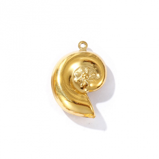 Picture of 2 PCs Eco-friendly PVD Vacuum Plating Waterproof Anti-Tarnish Hypoallergenic 304 Stainless Steel Ocean Jewelry Charms 18K Real Gold Plated Conch/ Sea Snail 3D 23mm x 16mm