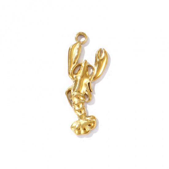 Picture of 2 PCs Eco-friendly PVD Vacuum Plating Waterproof Anti-Tarnish Hypoallergenic 304 Stainless Steel Ocean Jewelry Pendants 18K Real Gold Plated Shrimp 3.4cm x 1.4cm