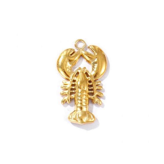 Picture of 2 PCs Eco-friendly PVD Vacuum Plating Waterproof Anti-Tarnish Hypoallergenic 304 Stainless Steel Ocean Jewelry Charms 18K Real Gold Plated Lobster 23mm x 13mm