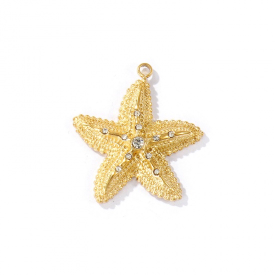 Picture of 2 PCs Eco-friendly PVD Vacuum Plating Waterproof Anti-Tarnish Hypoallergenic 304 Stainless Steel Ocean Jewelry Charms 18K Real Gold Plated Starfish Clear Cubic Zirconia 26mm x 24mm