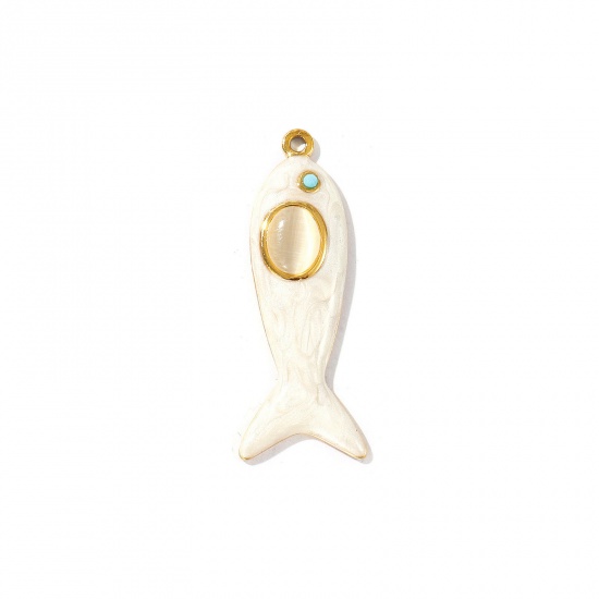Picture of 2 PCs Eco-friendly PVD Vacuum Plating Waterproof Anti-Tarnish Hypoallergenic 304 Stainless Steel Ocean Jewelry Pendants 18K Real Gold Plated Beige Enamel Fish Animal Cat's Eye Imitation Blue Rhinestone 4.3cm x 1.6cm