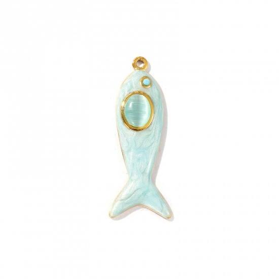 Picture of 2 PCs Eco-friendly PVD Vacuum Plating Waterproof Anti-Tarnish Hypoallergenic 304 Stainless Steel Ocean Jewelry Pendants 18K Real Gold Plated Light Blue Enamel Fish Animal Cat's Eye Imitation Blue Rhinestone 4.3cm x 1.6cm