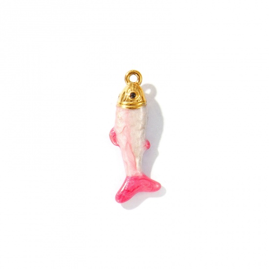 Picture of 2 PCs Eco-friendly PVD Vacuum Plating Waterproof Anti-Tarnish Hypoallergenic 304 Stainless Steel Ocean Jewelry Charms 18K Real Gold Plated Fuchsia Enamel Fish Animal Pearlized 28mm x 11mm
