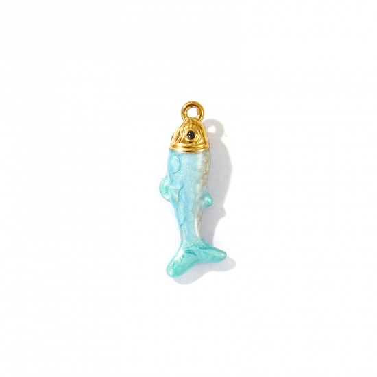 Picture of 2 PCs Eco-friendly PVD Vacuum Plating Waterproof Anti-Tarnish Hypoallergenic 304 Stainless Steel Ocean Jewelry Charms 18K Real Gold Plated Green Blue Enamel Fish Animal Pearlized 28mm x 11mm