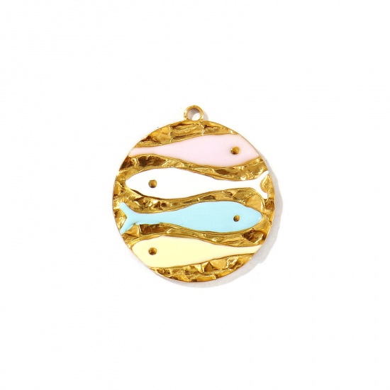 Picture of 2 PCs Eco-friendly PVD Vacuum Plating Waterproof Anti-Tarnish Hypoallergenic 304 Stainless Steel Ocean Jewelry Charms 18K Real Gold Plated Multicolor Enamel Round Disc Fish 26mm x 24mm
