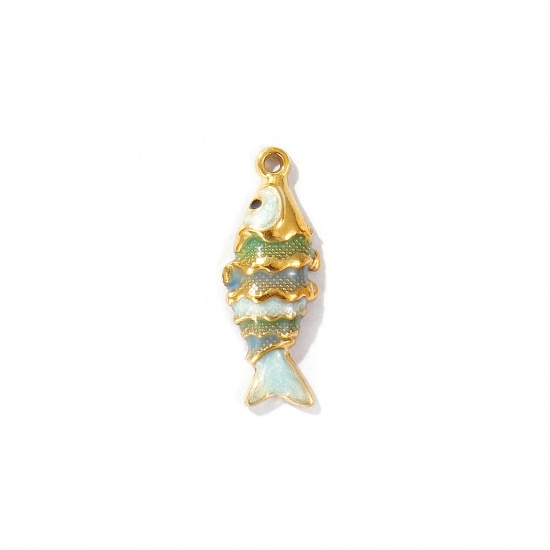 Picture of 2 PCs Eco-friendly PVD Vacuum Plating Waterproof Anti-Tarnish Hypoallergenic 304 Stainless Steel Ocean Jewelry Charms 18K Real Gold Plated Steel Gray Enamel Fish Animal Pearlized 26mm x 10mm